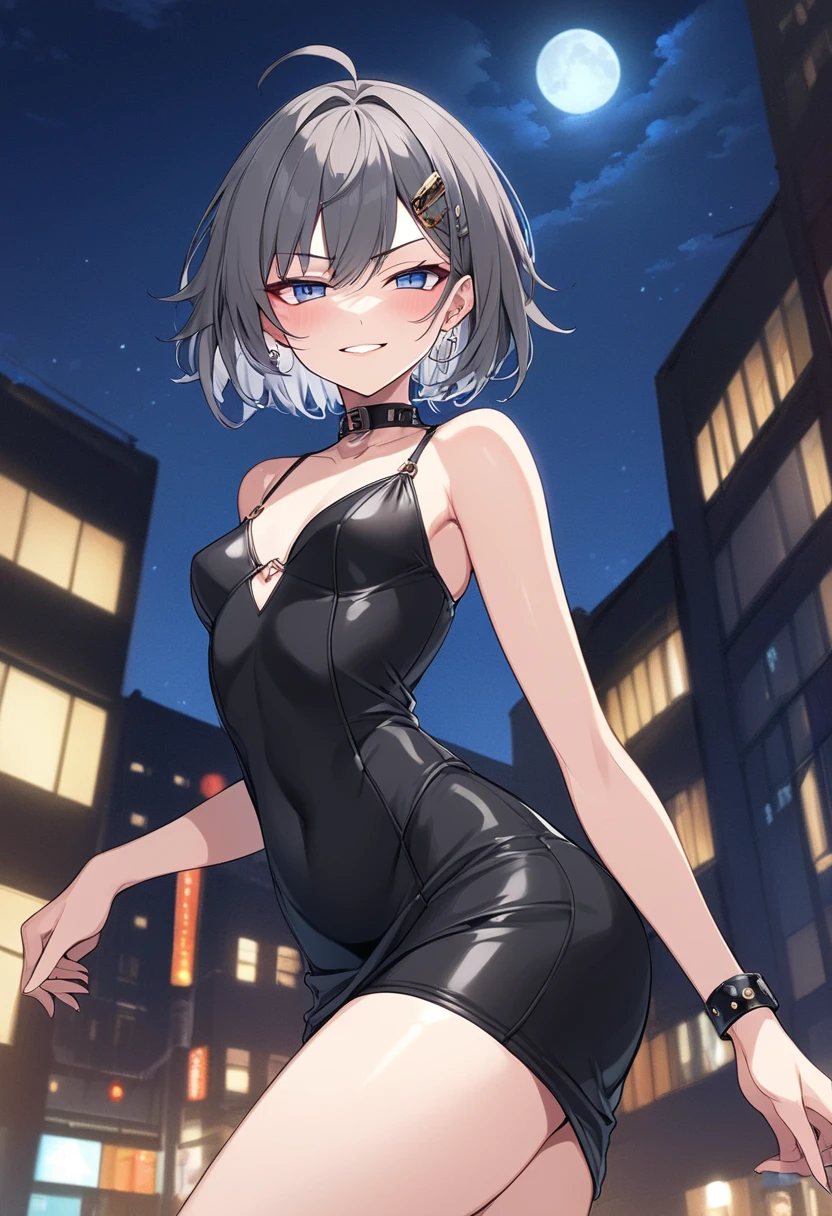 ((((masterpiece, best quality, high resolution)))), 1girl, white hair, red eyes, short wavy hair, average breasts, blush, light smile, parted lips, glow, thighs, bare shoulders, collarbone, narrow waist, cleavage, (beautiful detailed face, beautiful detailed eyes), (revealing clothes:1.0), (breasts curtain, sideboobs, plunging neckline, gold dress, backless satin mini dress, high slit cut, revealing, silver necklace, hair ornament, earrings), night sky, night light, fancy jazz bar, golden glittery dress