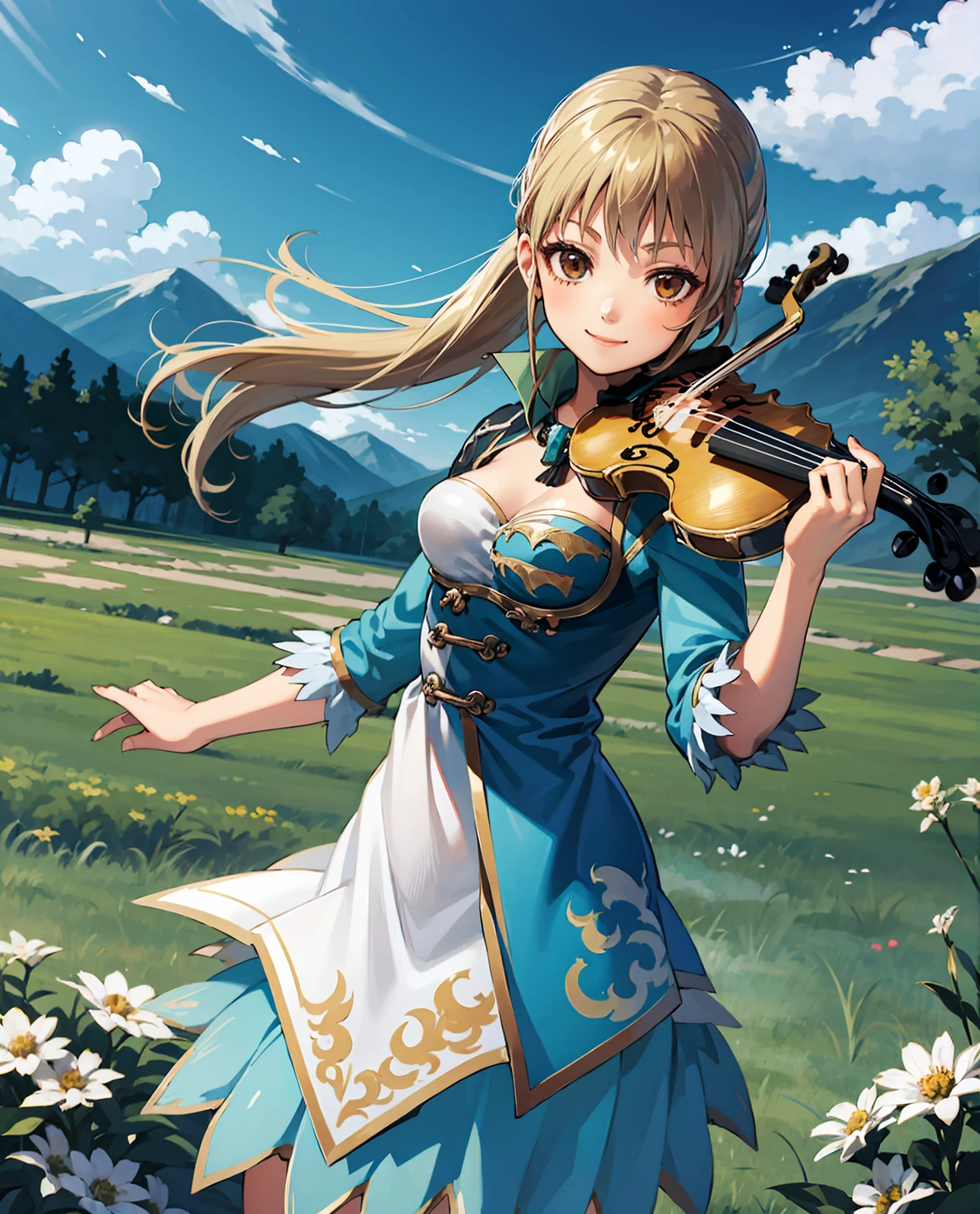 kawaii 1girl, violin playing, smile, slim, dress, outdoors, in nature, mountains,  grassfield, flowers, sky, floating hair