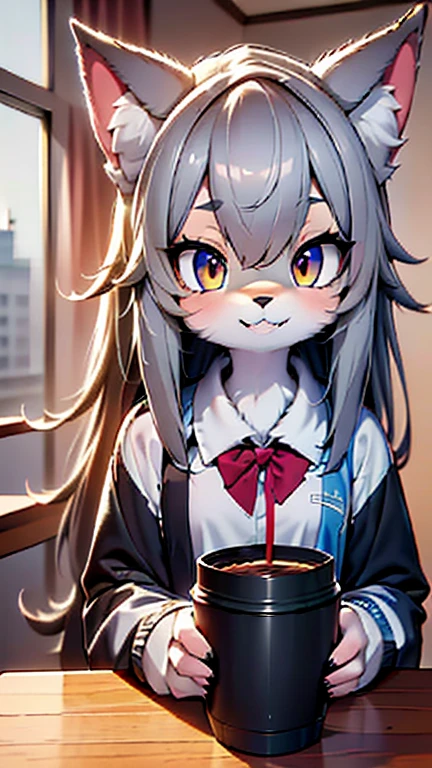 Alone,1 female wolf drinks \( Silver Wolf,Fluffy,cute,Cute,Age 15,smile,  open her mouth ,Sharp teeth, My hair is floating ,Hair Color Silver, long hair,Eye Color Cosmic , big eyes,ＪＫ,ＪＫ uniform,Tapiocaティーを飲む\(Tapioca\)\),background\(outside,Downtown,sunlight\), break ,quality\(8k,極めて精細なCGユニットのwallpaper, ​masterpiece, high definition ,top-quality,top-quality real texture skin, Surprising Minimalism , increase resolution , RAW photo,最高のquality, high definition,wallpaper, cinematic lighting , ray trace,Golden Ratio\), break ,[nsfw:2.0], Dynamic Angle 