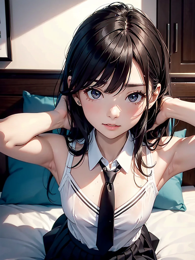 ((masterpiece,best quality)), highres, extremely detailed 8K wallpaper, depth_of_field, best shadow, (Colorful),(Delicate eyes and face), nice hand, Perfect hands, volumatic light, Ray tracing, BREAK
(1girl in), mogami \(kancolle\), black hair, short hair, black eyes / green eyes, swept bangs, small breasts, slender, skinny, open mouth, smile, blush, BREAK,
(wear white transparent school uniform top:1.3), (sailor collar:1.5), (red tie:1.3), (Parted clothes at the top and bottom:1.2), (short sleeves:1.1), (white string panty:1.3), (bare navel), (under boob), (black lace stockings:1.2), High heels, BREAK,
Cowboy Shots, Looking at Viewer, stomach focus, bedroom, dildos on bed, night time, Ultra detailed backgrounds,