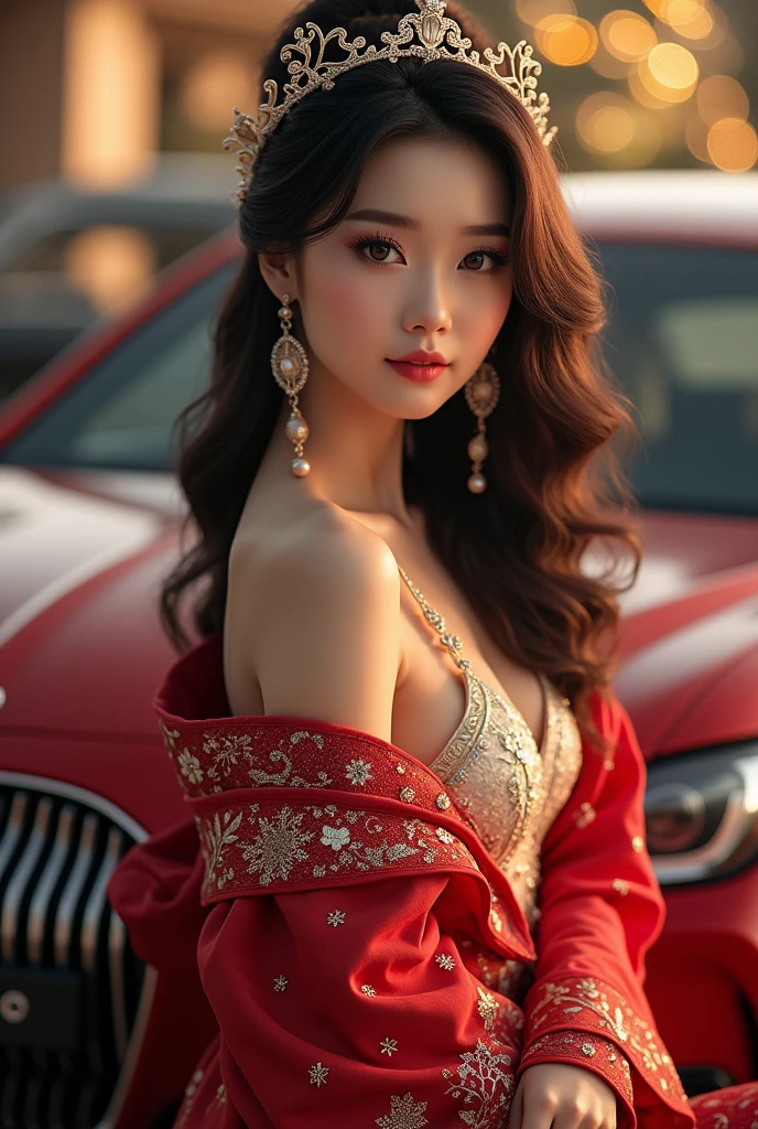 Create an image of a 25-year-old woman who resembles Ayeza Khan, with fair skin, hazel eyes, and noticeable dimples. She is dressed in an elegant,Eastern outfit with no skin showing. She is sitting inside a Lamborghini, and the full luxury car is prominently displayed in the scene, showcasing its sleek design and interior features."