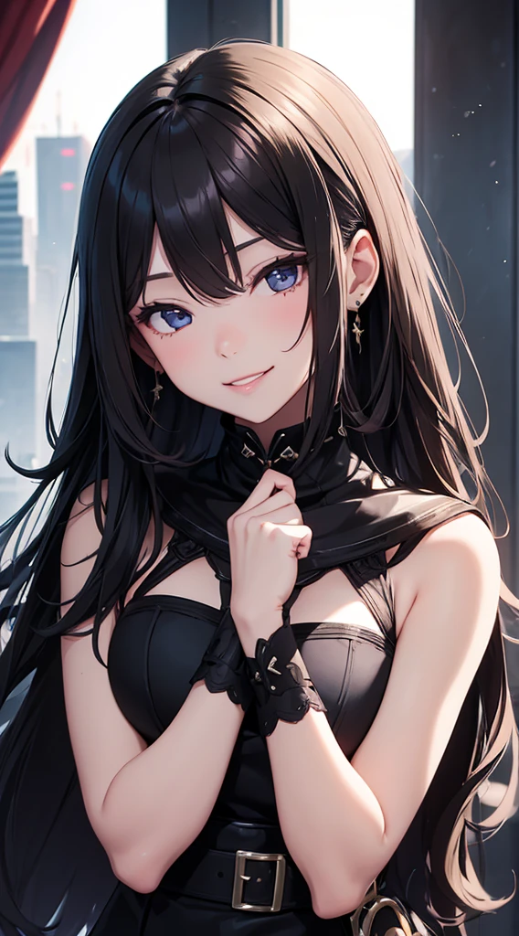 Sexy woman in a black suit smile tie