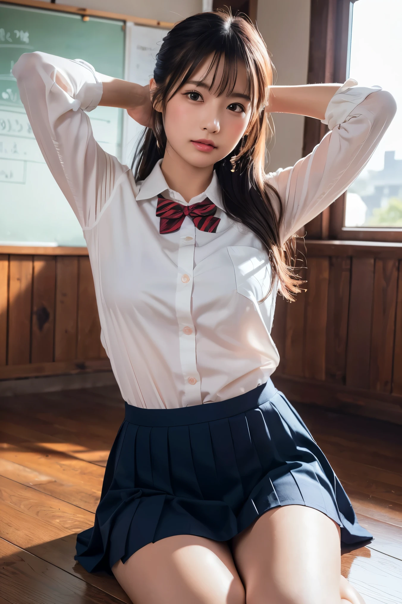 ((Highest quality, 8k, masterpiece: 1.3, One girl, beautiful girl)), cute, dynamism, Detailed face, Detailed skin, Detailed clothing, Detailed eyes, Detailed lips, Detailed tongue, Detailed fingers, Mouth details, Realistic, RAW Photos, High resolution, Natural light, Dynamic pose, Perfect Anatomy, Toned Legs, double eyelid, Tear bags, Round eyes, Moisturized lips, Sweaty, ((This passage, Marine Kitagawa)) Blonde and pink hair, Metal collar, ear Earrings, Earrings, Long Hair, Earrings, Red Eyes, Straight hair, Swept-apart bangs, Gradient Hair, School uniforms, White shirt, tie, Checkered Pleated Skirt, Ecstatic face, Ahegao, Drooling, View your viewers, (pantyhose, Pull down your panties, Grab your own chest), In the classroom at sunset, pubic hair