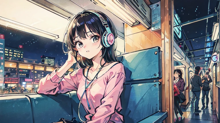 (extremely detailed CG unity 8k wallpaper), (best quality), (best illustration), (best shadow), realistic lighting, beautiful detailed reglow, masterpiece, best quality, lofi artstyle, lofi art, 80s anime style, Retro, Lo-Fi, 1girl, solo, short hair, brown hair, sitting, window, headphones, ground vehicle, train interior, anime