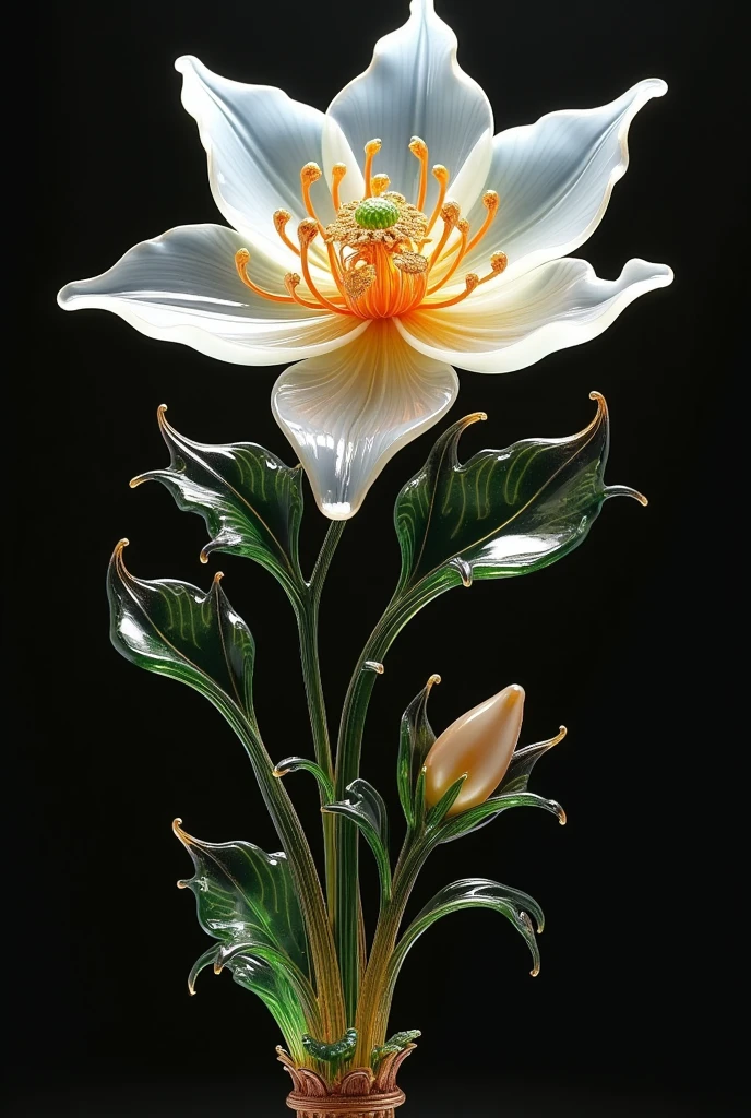 有一朵Glass花， with stems and leaves inside , Glass花, 美丽的Glass工艺,  Glowing delicate flowers ,  large opaque flowers , Large exotic flowers, Glass、Gold and Jade,  Oriental Art Nouveau , murano Glass雕塑, 描绘一朵花,  Stunning Details , realistic Glass雕塑, Flower of a flower , Glass雕塑,  art deco flower shaman, Gorgeous and smooth