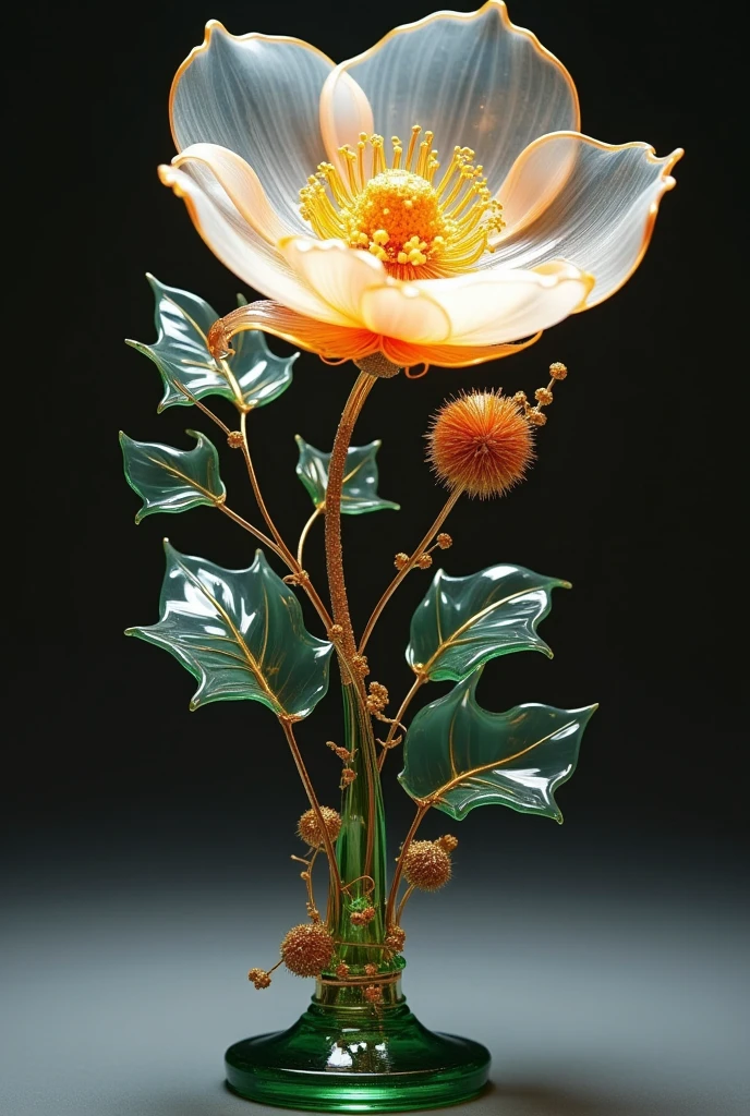 有一朵Glass花， With Stems and Leaves Inside ,  Wu Zhen's Digital Art ,   Statue in zbrush central , Art Nouveau , Glass花, 美丽的Glass工艺,  Glowing delicate flowers ,  Big Opaque Flowers , Large exotic flowers, Glass、Gold and Jade, oriental Art Nouveau , 穆拉诺Glass雕塑, 描绘一朵花,  Stunning Details , 逼真的Glass雕塑