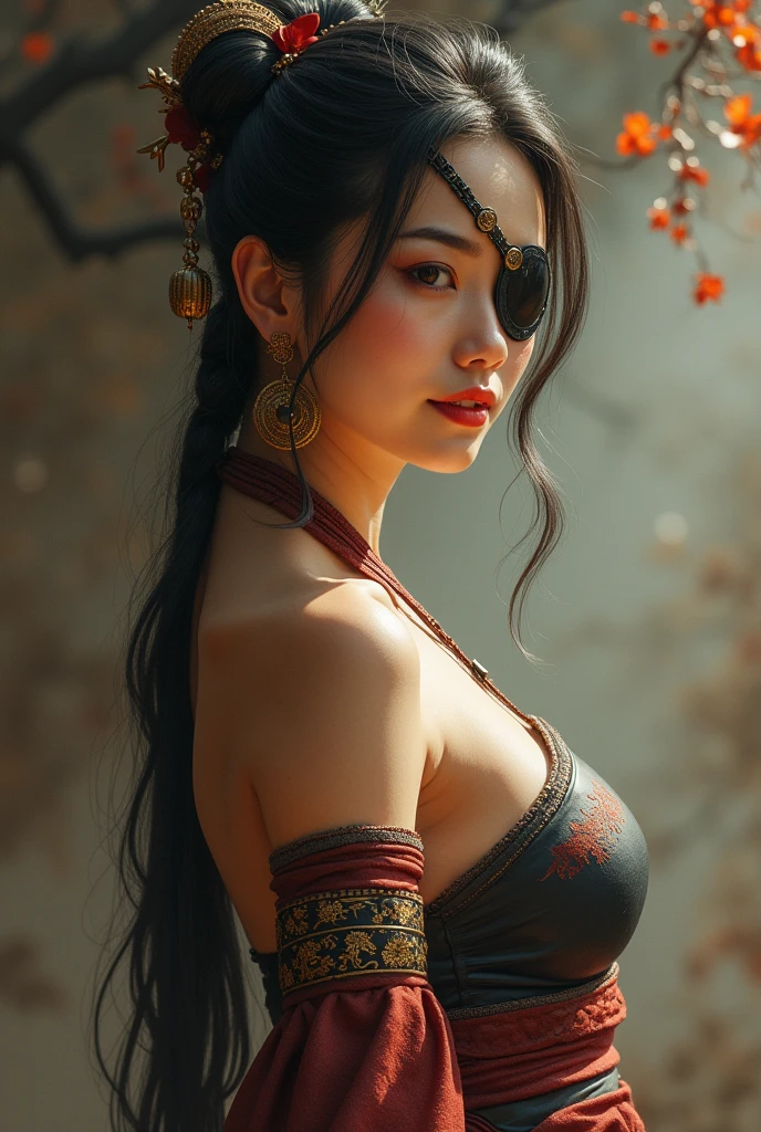 score_9, score_8_up, score_7_up, score_6_up, 1girl,milf, milf, 1girl, huge natural breasts, sexy asian girl , 30 years old, oni mask , large breasts, chineese costume , blue eyes, silver neclace , side portrait , ancient , hair pins , half body portraits , narrow hips, Expressiveh ,embedding:fhanddetailxl,