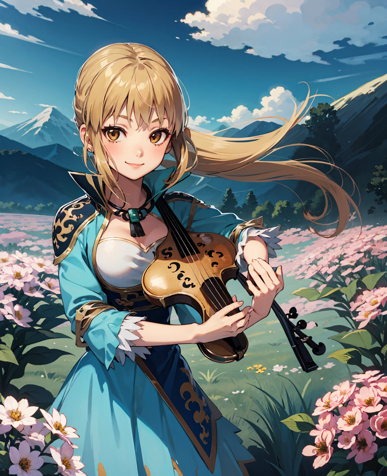 kawaii 1girl, violin playing, smile, slim, dress, outdoors, in nature, mountains,  grassfield, flowers, sky, floating hair