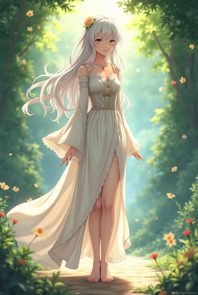 Anime girl barefoot each foot has 5 toes, standing in the pose of lord and 18 years old. Wearing long wonderful expensive dress. White or black hair. she looking with lovers EYES because love me . She SMILE sincerely. She in the nature 4k quality