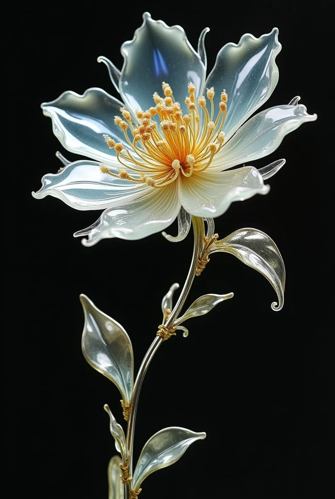 金属棒上Glass Flower的特写镜头, Glass Flower, rene lalique, Beautiful glass craft,  Surrealist Art Nouveau ,  Minimalist Art Nouveau , Ellen Jewett, Realistic glass sculpture,  Rococo blended with Art Nouveau ,  Art Nouveau masterpiece  ,  Murano Glass Sculpture , author：Travel in Kana,  Intricate crystal jellyfish decoration 