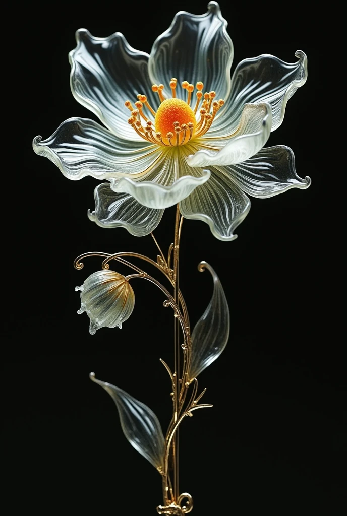 金属棒上Glass Flower的特写镜头,  conceptual art ，author：Kano Tan&#39;yū,   statue at zbrush central , Art Nouveau , Glass Flower, rene lalique, Beautiful glass craft, hyperrealistic Art Nouveau , maximalist Art Nouveau , Ellen Jewett, Realistic glass sculpture, rococo and Art Nouveau  fusion, Art Nouveau  masterpiece