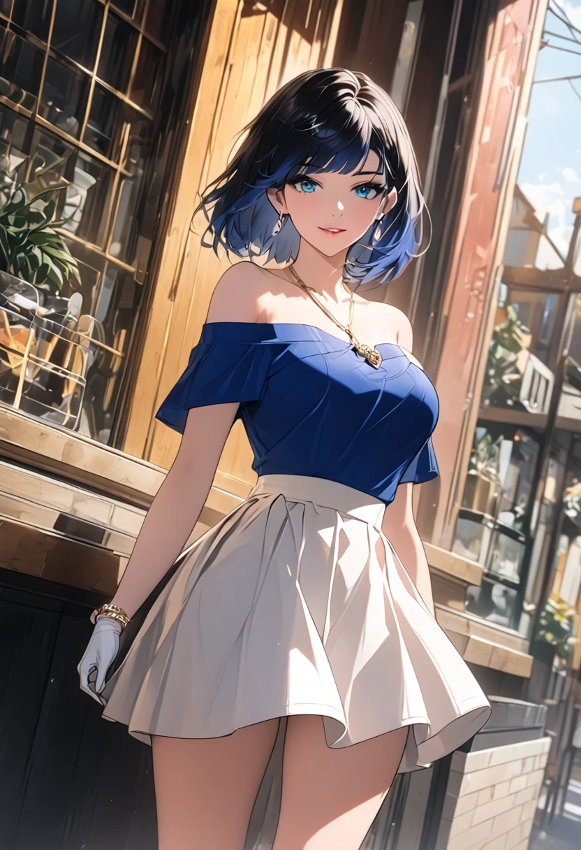 woman wearing a white off shoulder shirt and white skirt, standing outside a cafe, posing, pretty lipstick, gentle smile, natural lighting, high quality, detailed painting,8k, cinematic, warm colors, soft lighting, golden hour, elegant, fashion, lifestyle, editorial, whole body, ft colors, pastel colors, warm tones, full body shot, whole body, black high heels,full body shot, dynamic pose, big breasts, muted colors, skin pores, score_9, score_8_up, score_7_up, (sfw), (cowboy shot, dutch angle:1.2), 1girl, solo, mature female, thigh strap, yelan, black hair, blue hair, eyebrows hidden by hair, green eyes, multicolored hair, short hair, mismatched gloves,(negative_v2 Color_Balance_Calibration:0.8), unaestheticXL_cbp62 , negativeXL_D
