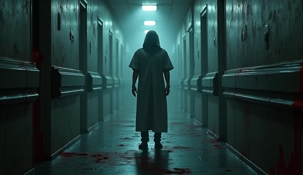 «»A chilling photorealistic image of a haunting apparition captured by a low-resolution hospital security camera in a dimly lit corridor. The scene is set in an old and eerie hospital, with flickering lights and peeling paint on the walls. The apparition appears as a translucent figure with a faint glow, covered in blood, hovering eerily above the floor. Its unsettling presence leaves a sense of unease and mystery. The lighting should be natural to the scene, with the camera's grainy quality adding to the suspenseful atmosphere. The shot should be a close-up, capturing the haunting details of the apparition and the eerie surroundings. Camera lens: distorted and unsettling perspective. Resolution: Low resolution to enhance the sense of the unknown.»»