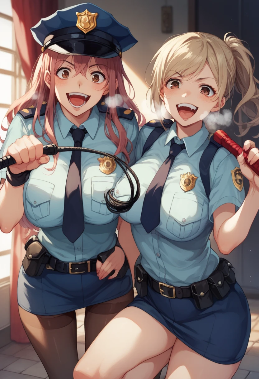 The background is a dark basement made of bricks 、Two women in their 20s with big breasts 、 Brown Eyes  、Yakumo Beni,  They are wearing female police officers or police uniforms,  holding a long whip in their hands ,  床に鞭を置け composition showing the floor from the ceiling 、cute anime style picture,  rough breathing,  crazy smile ,  crazy, evil, 