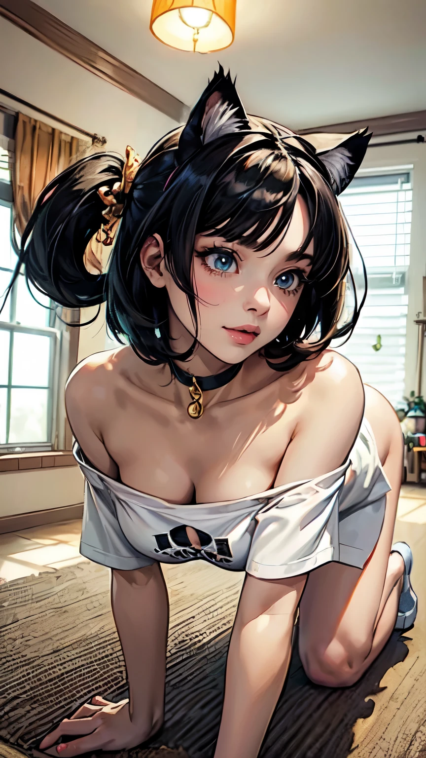 ((nsfw)), ( best quality, Masterpiece , high definition )、( Animation Art )、Cinematic Light、Soft light、 two girls、 black hair、 Black Cat Costume 、 White cat costume 、 tiger cat costume 、 striped cat costume 、 Persian cat costume 、(3 color cat costume )、( Relaxed Tee )、 Relaxed Shirt 、 off shoulder、 sexy mini dress、(Cat ears)、 bob cut 、 semi-long、 bun hair 、 Hair Ornaments 、 choker、 Cute Face Details 、 enchanting smile with your back against the wall、 Big Breasts 、whole body、()、(( on all fours))、beckoning、playing、dance、Cat toy、Crackers popping、 Decoration、((room))、 , detail eyes , detailed hands , detailed face