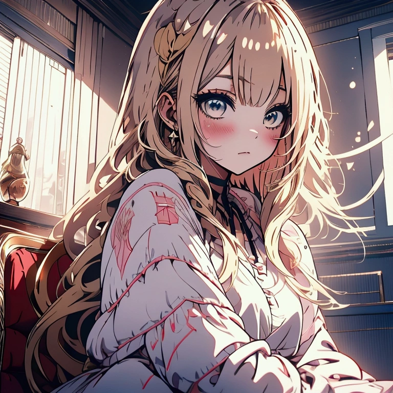 （（ best quality） anime style、luxury、 upper body）Girl with a sleepy face、Blonde、Nightwear、Young lady、 sitting on a chair 、（luxuryな） in the room、morning、 light shines in through a window、 front