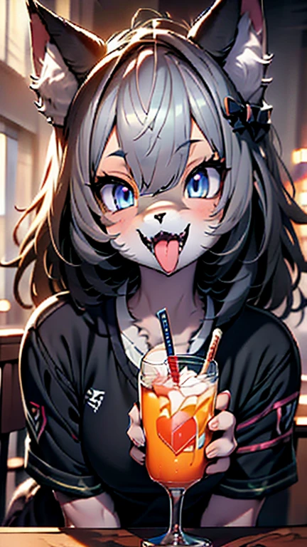 8K Ultra High-Quality, ultra-detailed, High quality, dark Blue hair, Neon Blue inner layer hair, glowing Blue eyes, Long hair, Cat ears, red face, Black jacket, sitting on table, jugging down a big glass of beer, full body, looking away from viewer, dizzy, drunk, drooling