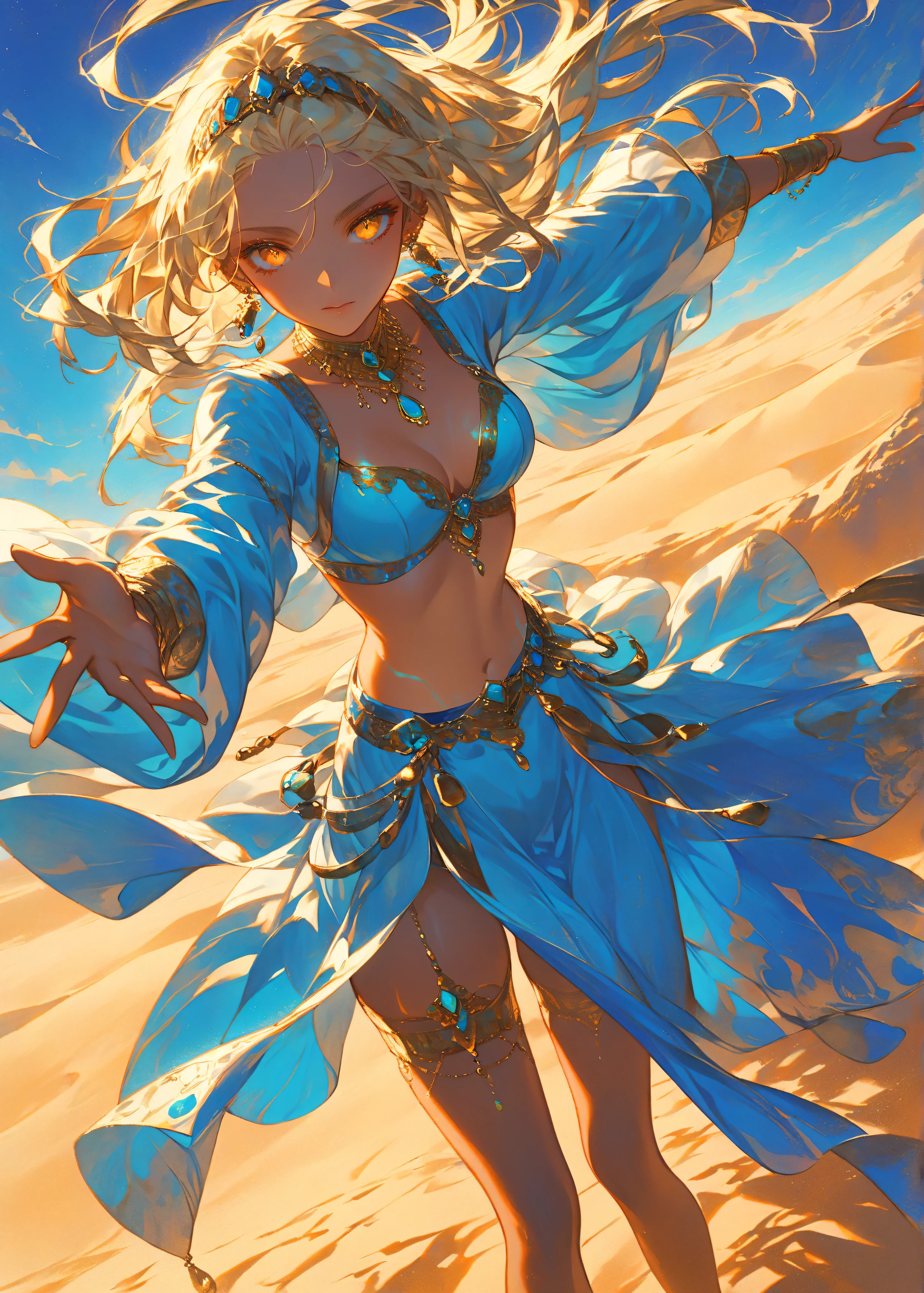  Masterpiece, high quality, high resolution, 16K, super detailed background, Makoto Shinkai illustration, ultra realistic, digital painting, fantasy, desert girl, short blonde hair, tan brown skin, amber eyes, sand swirling patterns in eyes, long eyelashes, beautiful skin, super detailed skin, beautiful legs, beautiful breasts, full body, Arabian style outfit, transparent material, elaborately designed clothes, jeweled decoration embedded in skin, wind and sand effects, sand swirling around the girl, desert dance, cinematic angle, rembrandt lighting