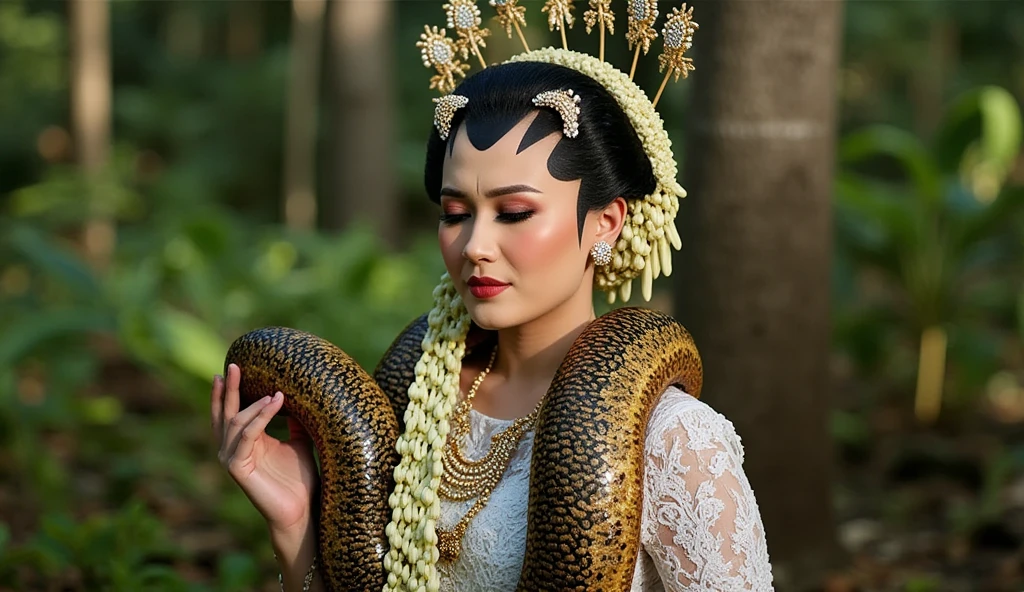 ((ultra-realistic photo)) [An 18-year-old beautiful woman with a clean, fair face and smooth skin wearing traditional Javanese wedding attire from East Java, Indonesia. She is sitting on the ground, her expression filled with sadness and despair, tears streaming down her cheeks. Surrounding her is a massive, coiled python, its body thick and enormous, with its mouth wide open, revealing sharp teeth. Its piercing red eyes are fixed in an intimidating gaze. The scene is set in a dense jungle during the day, with lush green foliage, tall trees, and sunlight filtering through the canopy, casting dappled light on the ground.] Soft natural lighting with vibrant colors highlighting the intricate details of the wedding attire and the python's scaly texture. Captured from a medium telephoto lens at eye level, creating a dramatic emotional focus. (((8K UHD))), highly detailed, sharp focus, HDR, professional golden ratio composition with realistic shadows and textures.