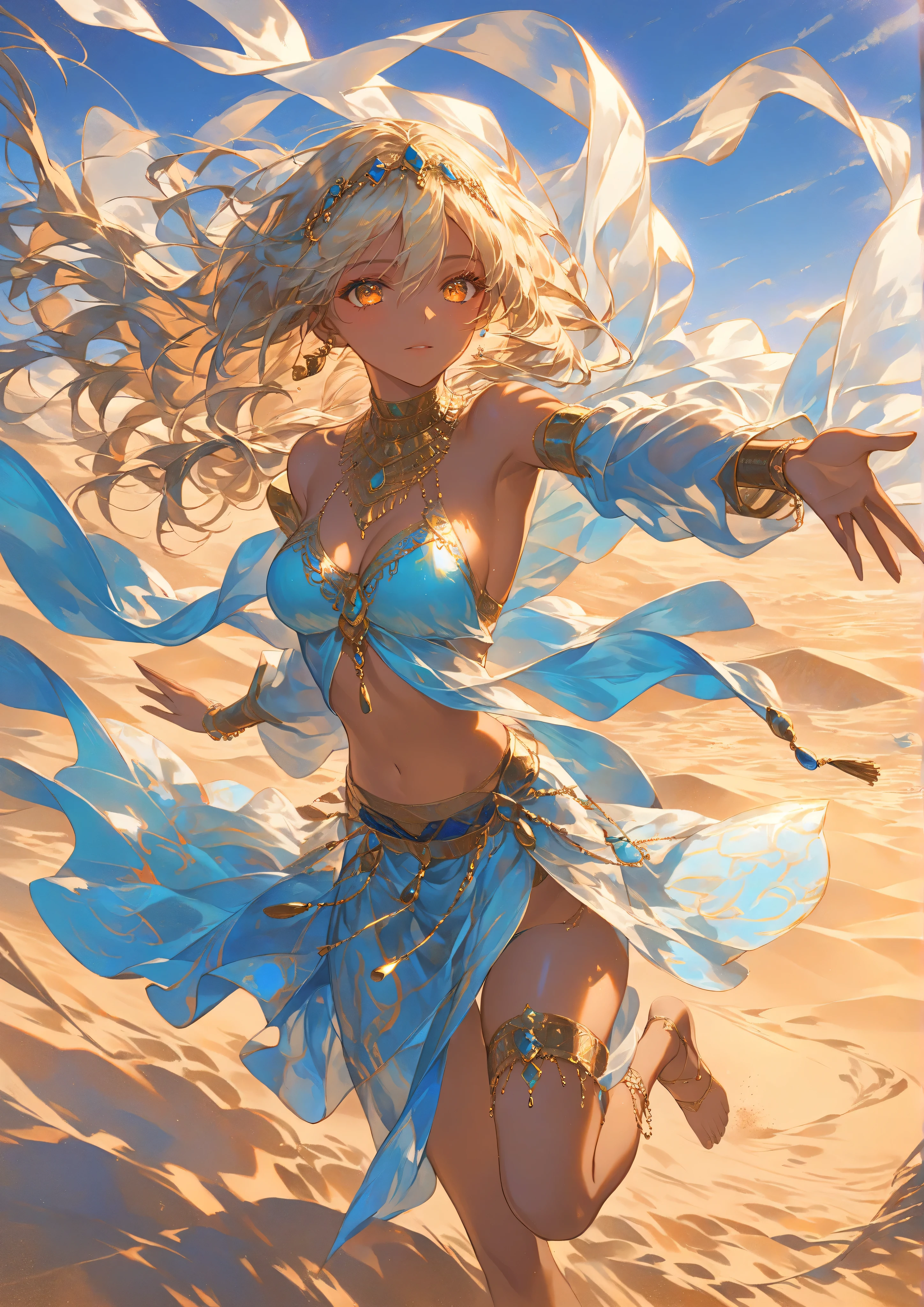 Masterpiece, high quality, high resolution, 16K, super detailed background, Makoto Shinkai illustration, ultra realistic, digital painting, fantasy, desert girl, short blonde hair, tanned brown skin, amber eyes, sand swirling patterns in eyes, long eyelashes, beautiful skin, beautiful legs, beautiful breasts, full body, Arabian style outfit, transparent material, jeweled ornaments embedded in skin, wind and sand effects, sand swirling around the girl, no facial expression, Arabian dance, dynamic angle, spirit of the wind