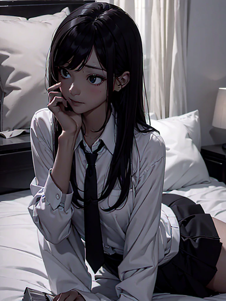(masterpiece)(high resolution) A girl with short brown-black hair tied up in a bun with a hair clip. The hair is asymmetrical and completely covers one side of her face. You cannot see one of her eyes. She has a serious look, with solid black pupils and eyeliner and long eye lashes. she is wearing a white office shirt with a black necktie. She is wearing no pants and has black underwear. Sitting on a bed in a hotel room, nighttime, light reflecting off her lips.