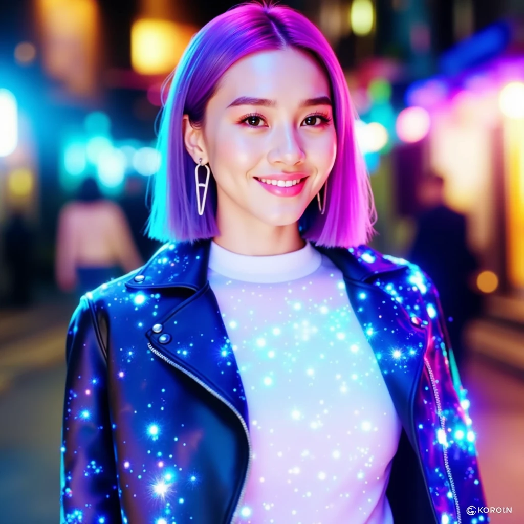 HDR, 8K resolution, intricate detail, sophisticated detail, depth of field, photorealistic, sharp focus, Medium shot, 1girl, grin512, lace dress, short skirt, wet hair, short hair, pink hair, smile, dancing crowd in background, blue neon light, dark, 8k, contrast, detailed, intricate, hard shadow, masterpiece, best quality, neon sign, wet hair, jacket, high resolution, transparent fabric, <lora:nlc_blue:0.75>