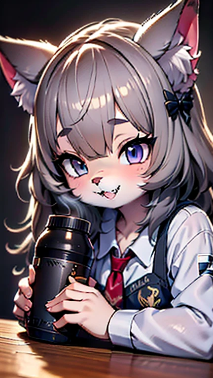 Alone,1 female wolf drinks \( Silver Wolf,Fluffy,cute,Cute,,smile,  open her mouth ,Sharp teeth, My hair is floating ,Hair Color Silver, long hair,Eye Color Cosmic , big eyes,ＪＫ,ＪＫ uniform,Tapiocaティーを飲む\(Tapioca\)\),background\(outside,Downtown,sunlight\), break ,quality\(8k,極めて精細なCGユニットのwallpaper, ​masterpiece, high definition ,top-quality,top-quality real texture skin, Surprising Minimalism , increase resolution , RAW photo,最高のquality, high definition,wallpaper, cinematic lighting , ray trace,Golden Ratio\), break ,[nsfw:2.0], Dynamic Angle 