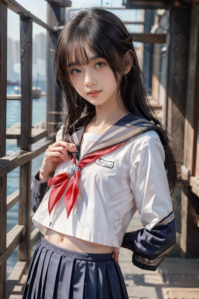 (Flat Chest:1.2)、(Sailor Uniform:1.5)、(80s Japanese Idol Hairstyle:1.2)、teenager、embarrassed、 out of your belly button、masterpiece、 best quality、 Max Image、 high definition 、 realistic 、 RAW photo、8k、 slender body、 girl、 long lashes、Thin Nose、 beautiful face、Dripping love juice、look at viewer