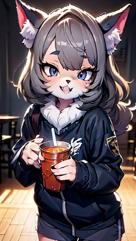 Alone,1 female wolf drinks \( Silver Wolf,Fluffy,cute,Cute,Age 15,smile,  open her mouth ,Sharp teeth, My hair is floating ,Hair Color Silver, long hair,Eye Color Cosmic , big eyes,ＪＫ,ＪＫ uniform,Tapiocaティーを飲む\(Tapioca\)\),background\(outside,Downtown,sunlight\), break ,quality\(8k,極めて精細なCGユニットのwallpaper, ​masterpiece, high definition ,top-quality,top-quality real texture skin, Surprising Minimalism , increase resolution , RAW photo,最高のquality, high definition,wallpaper, cinematic lighting , ray trace,Golden Ratio\), break ,[nsfw:2.0], Dynamic Angle 