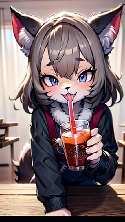 Alone,1 female wolf drinks \( Silver Wolf,Fluffy,cute,Cute,Age 15,smile,  open her mouth ,Sharp teeth, My hair is floating ,Hair Color Silver, long hair,Eye Color Cosmic , big eyes,ＪＫ,ＪＫ uniform,Tapiocaティーを飲む\(Tapioca\)\),background\(outside,Downtown,sunlight\), break ,quality\(8k,極めて精細なCGユニットのwallpaper, ​masterpiece, high definition ,top-quality,top-quality real texture skin, Surprising Minimalism , increase resolution , RAW photo,最高のquality, high definition,wallpaper, cinematic lighting , ray trace,Golden Ratio\), break ,[nsfw:2.0], Dynamic Angle 