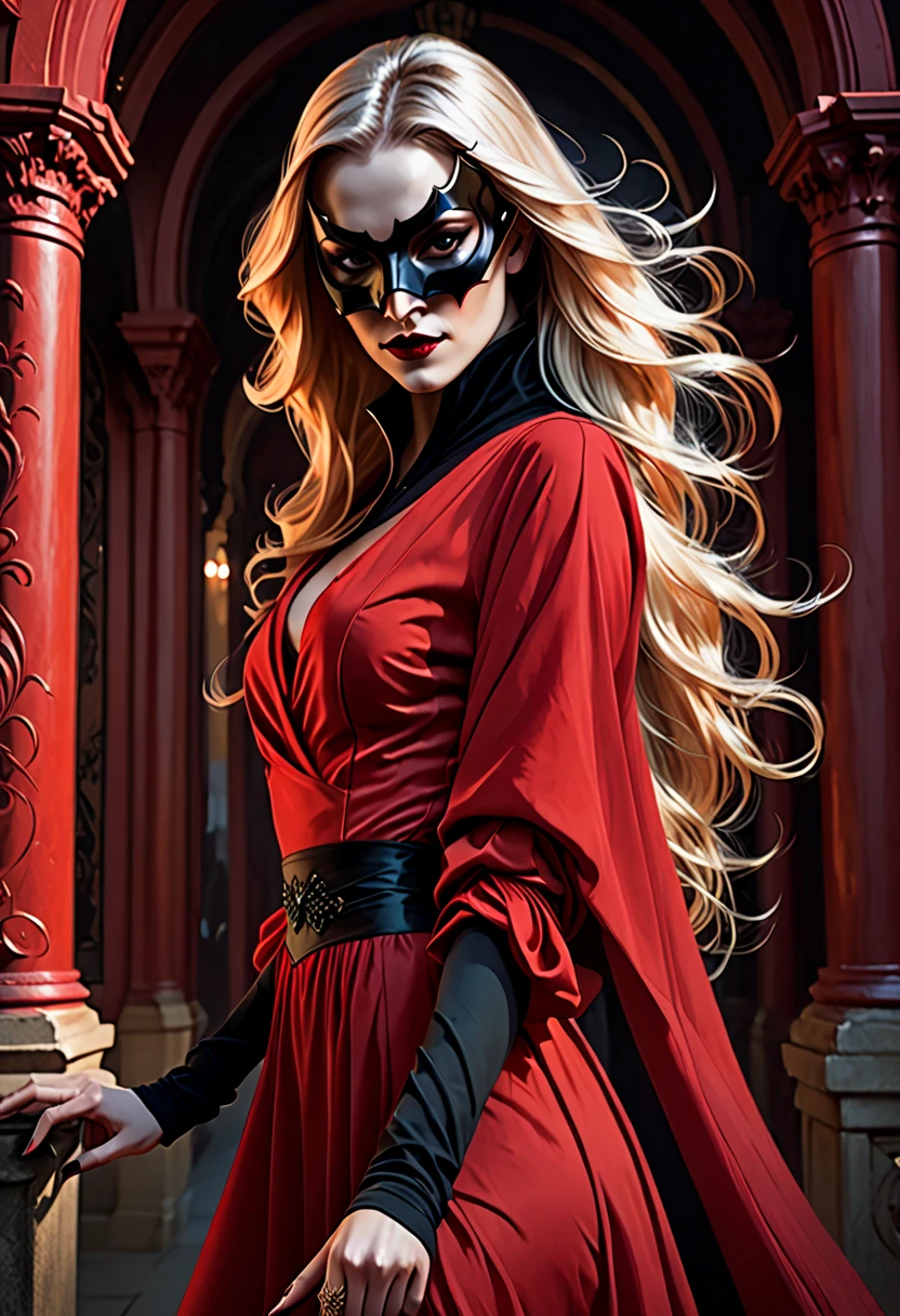 in the style of Charlie Bowater, vampire,, woman with long blond hair down to her hips, face hidden behind a contourless black mask, red dress, batwing sleeves, one arm stretched forward with finger pointing, long arms, red fingernails, ankle boots, old opera house,  