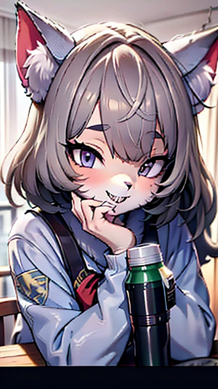 Alone,1 female wolf drinks \( Silver Wolf,Fluffy,cute,Cute,Age 15,smile,  open her mouth ,Sharp teeth, My hair is floating ,Hair Color Silver, long hair,Eye Color Cosmic , big eyes,ＪＫ,ＪＫ uniform,,background\(outside,Downtown,sunlight\), break ,quality\(8k,極めて精細なCGユニットのwallpaper, ​masterpiece, high definition ,top-quality,top-quality real texture skin, Surprising Minimalism , increase resolution , RAW photo,最高のquality, high definition,wallpaper, cinematic lighting , ray trace,Golden Ratio\), break ,[nsfw:2.0], Dynamic Angle 