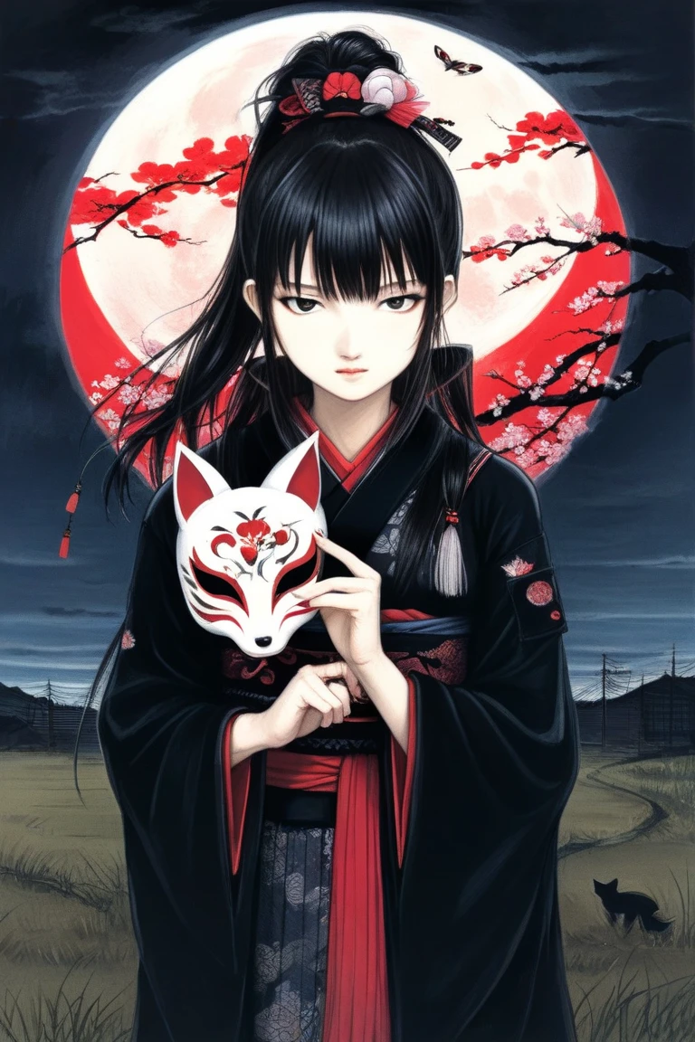 by Yoshitaka Amano, (Broad lighting),  low key lighting , Picturesque, dark(  fantasy art, (Yoshitaka Amano)), (Full-length portrait of a woman,Holding a fox mask in his hand, suzuka nakamoto xl,  black ponytail hair with a fox mask on her hand), Night grassland background, (Red Moon, Black kimono , Red accents), Cherry trees in full bloom, Cherry Blossom Snowstorm