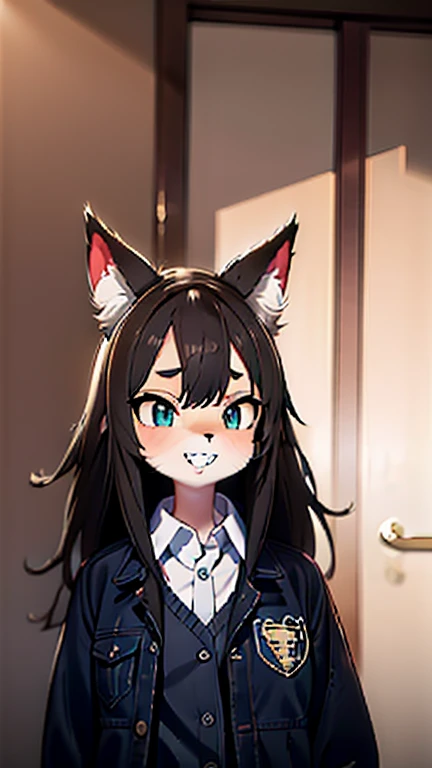 Alone,1 female wolf drinks \( Silver Wolf,Fluffy,cute,Cute,Age 15,smile,  open her mouth ,Sharp teeth, My hair is floating ,Hair Color Silver, long hair,Eye Color Cosmic , big eyes,ＪＫ,ＪＫ uniform,Tapiocaティーを飲む\(Tapioca\)\),background\(outside,Downtown,sunlight\), break ,quality\(8k,極めて精細なCGユニットのwallpaper, ​masterpiece, high definition ,top-quality,top-quality real texture skin, Surprising Minimalism , increase resolution , RAW photo,最高のquality, high definition,wallpaper, cinematic lighting , ray trace,Golden Ratio\), break ,[nsfw:2.0], Dynamic Angle 