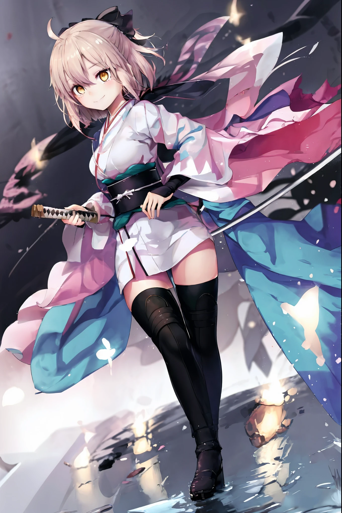 masterpiece, best quality, integrated scenery, integrated background, extremely delicate and beautiful, meticulous details, good composition, , cute face, perfect face, perfect hands, , best quality,extremely detailed CG unity 8k wallpaper,
1girl,okita souji \(fate\), white_nosleeves_short_kimono,
 smile,dynamic_posing,happy,gold_half_eyes, thigh-highs,medium_breasts. 1katana,prepare_katana, katana_sheath_without_katana,night_background,old_japanese_town_landscape,black_long_muffler