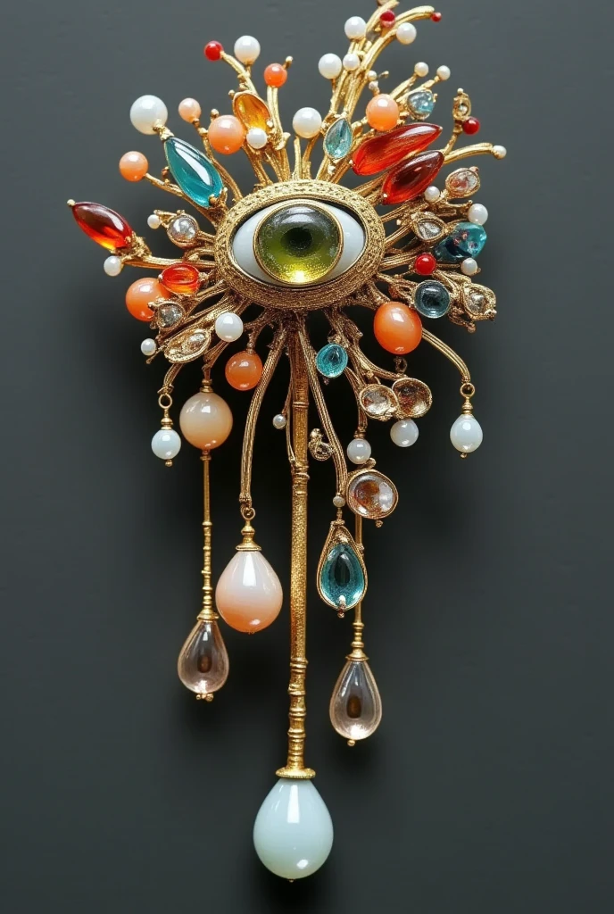  Close-up of a Brooch ，There is a string of beads on it, 巴洛克艺术珠宝,  gorgeous colorful gemstones and crystals ,  adorned with precious gemstones , Gemstones, Gorgeous jewelry, 与Gorgeous jewelry, Hair accessories, Exquisite Decorative Jewelry ,  18th Century Spring Ornaments , Gorgeous jewelry,  Luxurious Ornate Gold Jewelry,  Surrealist Art Nouveau , Fine Jewelry, Hair accessories