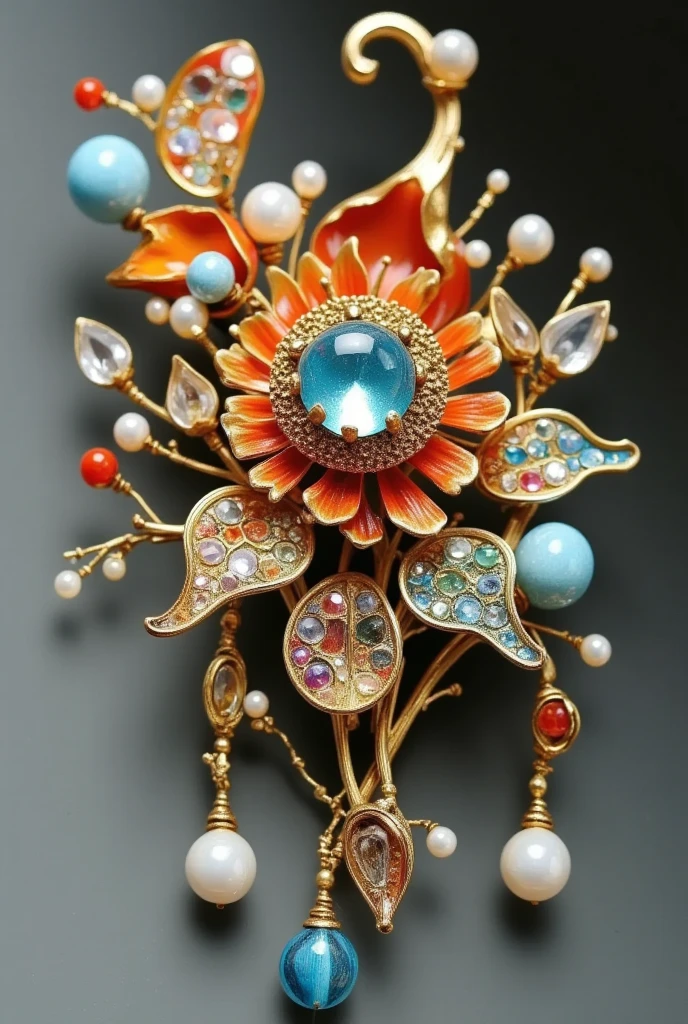  , an ultra-detailed painting，A close up photo of a brooch ，There is a string of beads on it,  Artist  ,  CG Association Contest inspired by Cao Buxing, Art Nouveau , 巴洛克艺术珠宝,  gorgeous colorful gemstones and crystals ,  adorned with precious gemstones , Gemstones, Gorgeous jewelry, 与Gorgeous jewelry, Hair accessories, Exquisite Decorative Jewelry ,  18th Century Spring Ornaments , Gorgeous jewelry