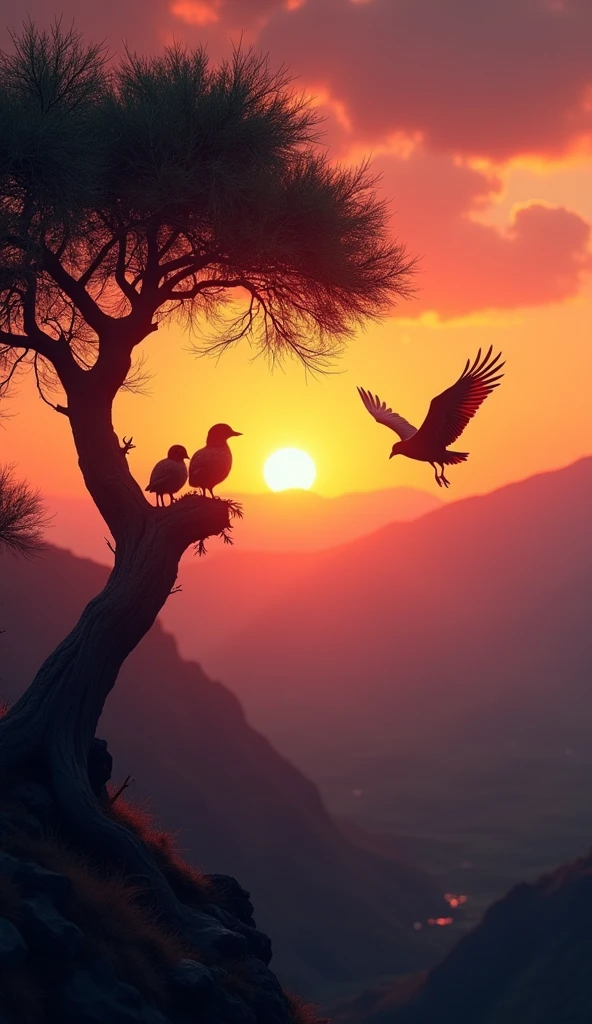 （masterpiece、 High Quality 、 high image quality、4K、8k、 Details）、（（ 2 chicks in the bird's nest on a tall tree ））、（（ The mother bird 巣に向かって飛んできている ））、 The silhouette of the mother bird and the silhouette of the chick、At dusk、 The silhouette of the bird is visible in the backlight of the sunset 、Impressive scene 、 The mountain in the distance looks red at sunset 、