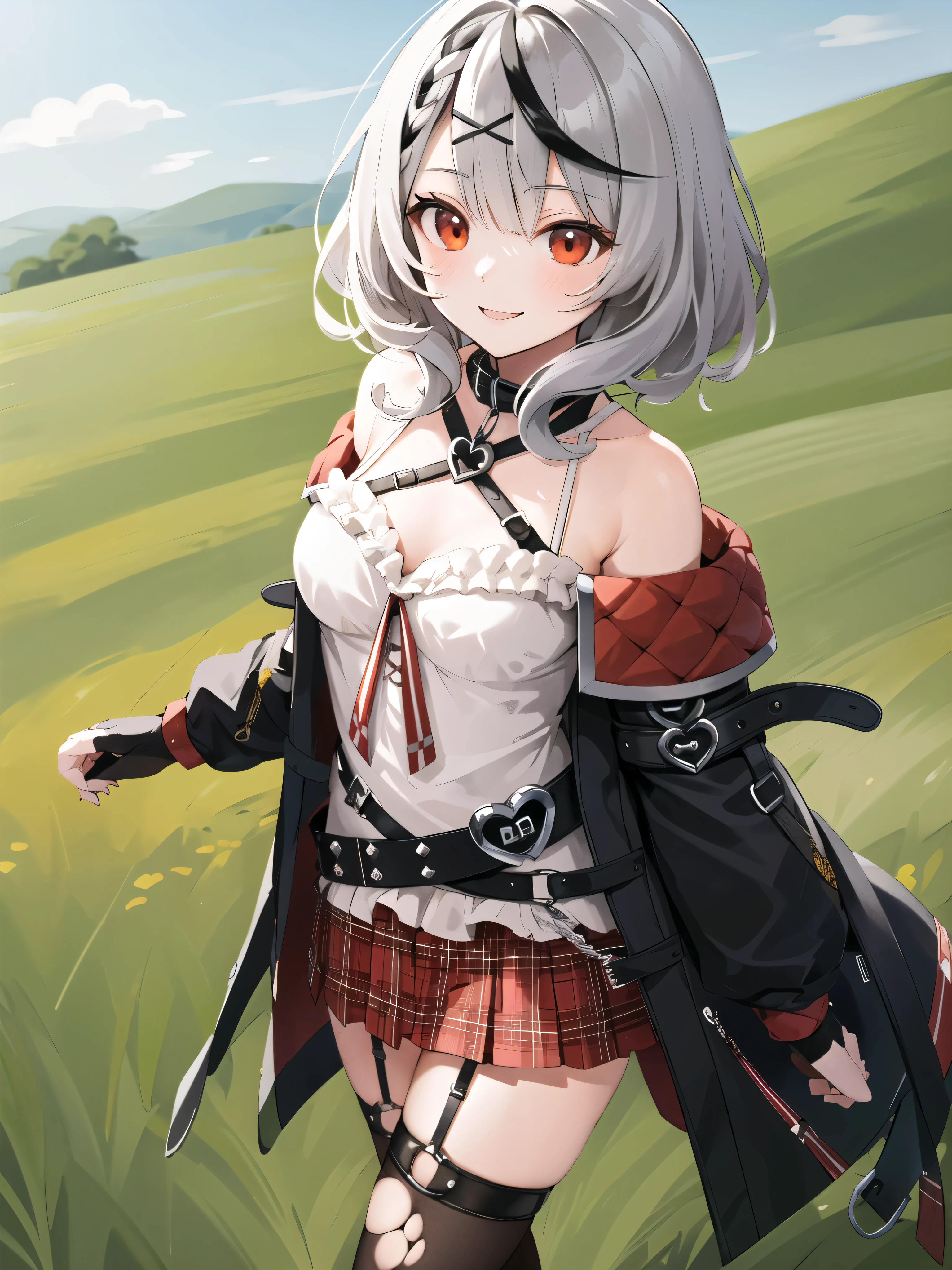 Masterpiece , best quality, high definition , 1 girl , Alone, red_eye, Sakemachi Chloe, ガーターbelt, black fingerless gloves, Torn knee-highs, Grey Hair, Hair Ornaments , multicolored hair, Check pattern skirt, striped hair, clevis, x Hair Ornaments , black hair, red skirt, black collar, white camisole, medium chest , Mini Skirt, pleated skirt , black thighhighs, woven , white shirt, black_belt, Medium Hair , black jacket, Check pattern_bow, Food_up, Long Sleeve , off shoulder, smile, Field, walk,cool