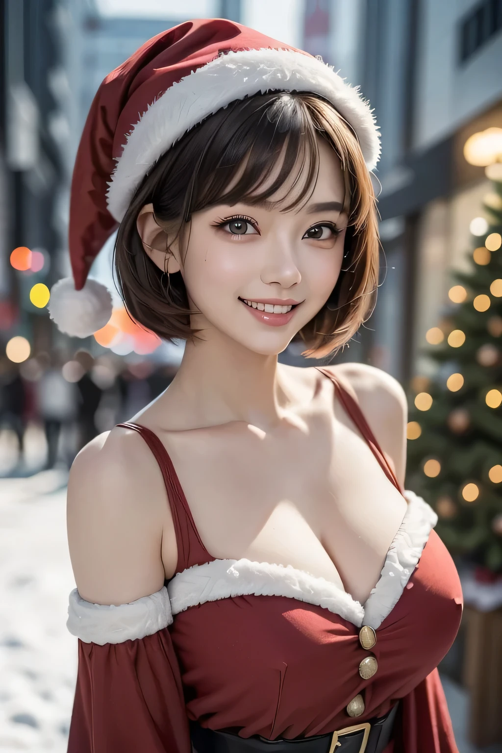 ( This work shows a woman in a red Santa Claus costume posing, background: There is a richly decorated Christmas tree in a town covered with lots of snow)、(1.  Extremely Beautiful Woman )、 very detailed顔、 detailed lips from home、 double eyelids,  pixie cut, ((Wear a red Santa Claus costume and hat )), (Grin), (  beautiful alignment of teeth), (glamorous body)、(Big Breasts)、(( cowboy shot))、((background:  Christmas trees are displayed on Ginza Street in Tokyo where snow is piled up at night ))、  perfect hand, Perfect means, Perfect breasts,  Perfect fit ,  perfect body,  perfect face,  written depth of border 、 perfect image realism , Detailed background, ( Detailed Costumes), Perfect vision、 Hyperrealism 、 realistic 、Maximum resolution 8K, (masterpiece),  very detailed,  Professional