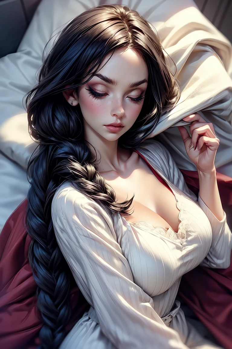 (masterpiece), anime style, 1girl, expressive eyes, beautiful face, black mascara, sharp mascara, blushing, thick eyelashes, black eye shadow, ((eyes closed)), long dark hair, braids, voluptous, tall, mature, muscular physique, wide shoulders, large breasts, laying on bed, sick face, pyjamas, bed sheets, ((under a blanket)),