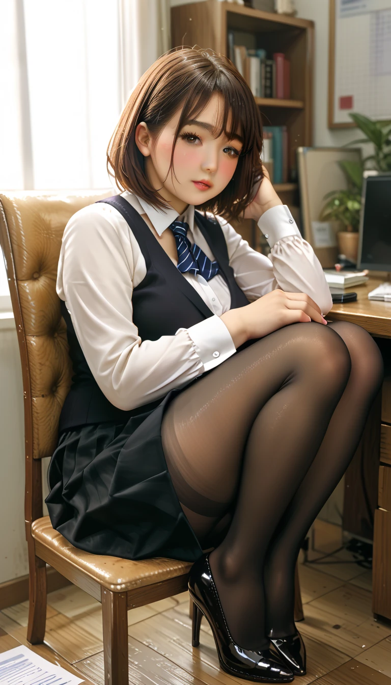  office、Brown Hair、 medium hair、blush、Plump body、Black skirt suit、 black pantyhose、I can see your panties、 Black High Heels 、Sitting on a chair with legs extended