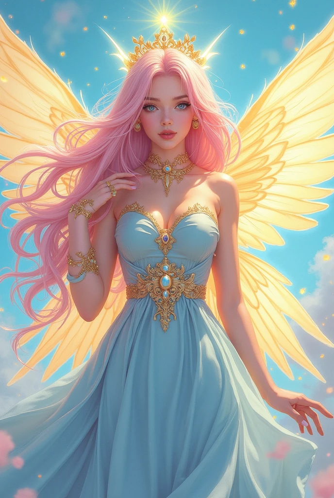 girl, colorfull hairs, goddess, , looking at viewer, beautiful, colorfull dress realistic, detailled, Top quality, ultra high resolution, highly detailed face, saint halo, attractive face, modele face, traditional female hairstyle, really long hair, Angel's wings, Big tits. Luxurious necklaces, pace background, ray tracing, full body,