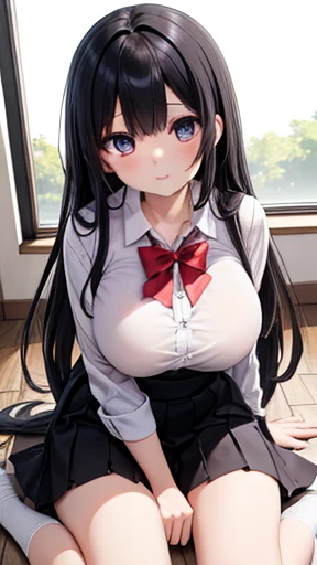 (1girl in),(high quality), (hight resolution), (Highly detailed), (in 8K),(lower body shot), wearing a transparent  and a navy pleated skirt.),(Wearing black pantyhose)No shoes,perfect writing,(Beautifully erect nipple shape:1.1),hight resolutionの美しい目,(Neutral white lighting:1.2),simple background,sitting with  spreading legs