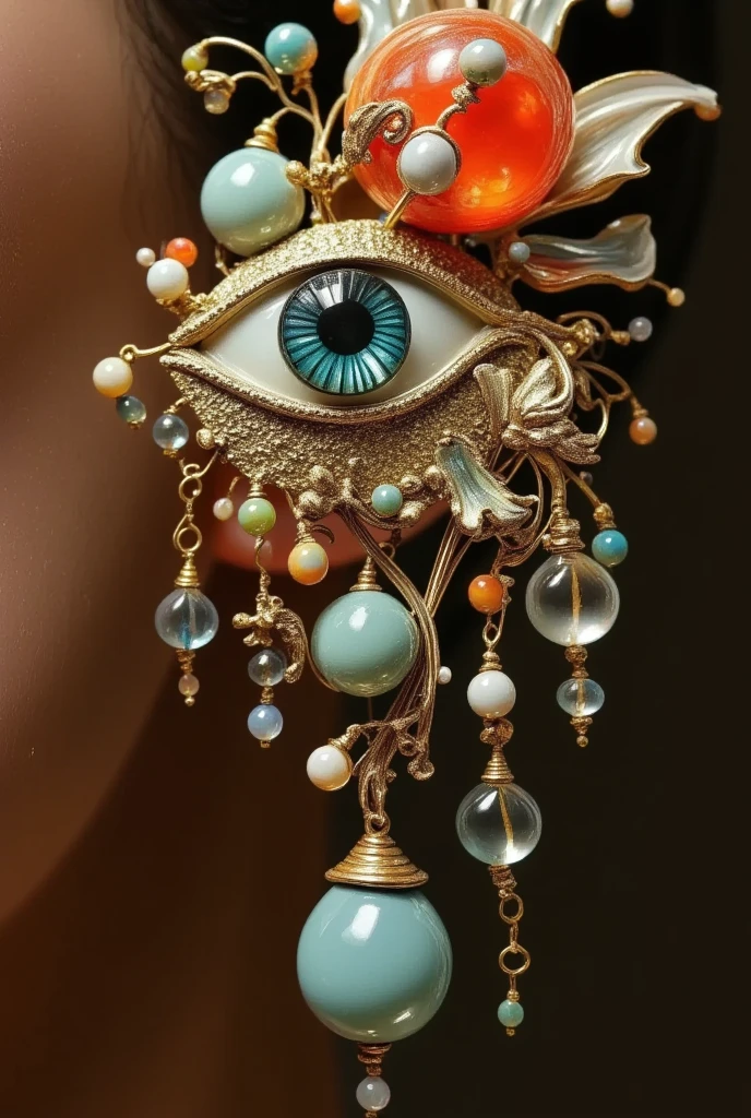  Close-up of a Brooch ， with a bunch of beads and a drop of tears on it, 巴洛克艺术珠宝, India's third eye tika , Exquisite Decorative Jewelry ,  jewelry on the forehead , 与Gorgeous jewelry, copious jewelry,  gorgeous colorful gemstones and crystals ,  colorful refraction ornaments ,  inspired by Haruki Murakami , Gorgeous jewelry, Set 1 8 6 0