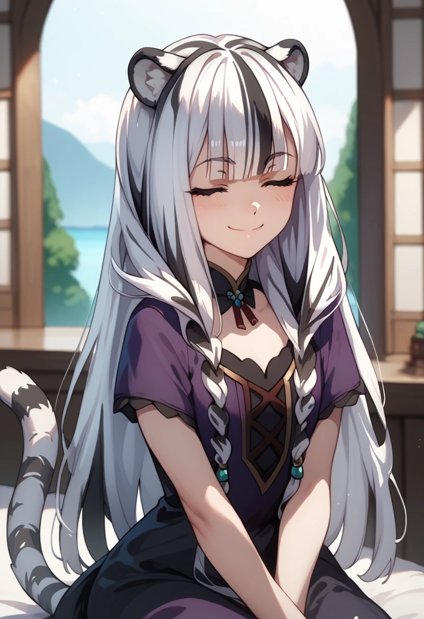 ((masterpiece)), 1girl, solo, long hair, white tiger ears, white tiger tail, closed eyes, white hair, black hair, multicolored hair, purple dress, black dress, multicolored dress, yandere theme, manic smile, full body.