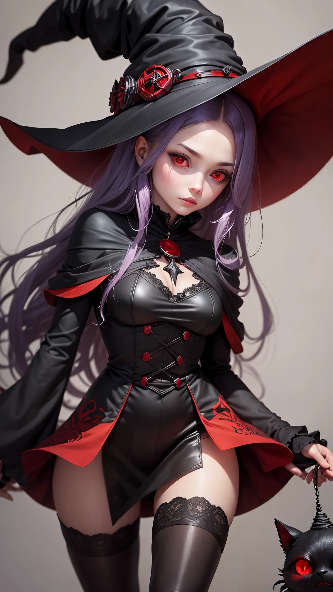 style "loli goth", wearing necromancer clothes with mini corset skirt and hood, she has eyes like the night sky, black curly hair, slim body, socks up to the butts with stripes in horizontal black white and red, doing a necromancer's magic in a shy pose using as a magic wand