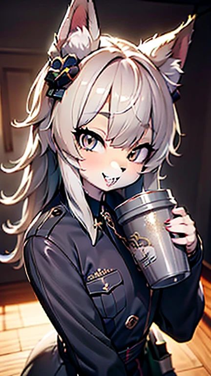 Alone,1 female wolf drinks \( Silver Wolf,Fluffy,cute,Cute,Age 15,smile,  open her mouth ,Sharp teeth, My hair is floating ,Hair Color Silver, long hair,Eye Color Cosmic , big eyes,ＪＫ,ＪＫ uniform,Tapiocaティーを飲む\(Tapioca\)\),background\(outside,Downtown,sunlight\), break ,quality\(8k,極めて精細なCGユニットのwallpaper, ​masterpiece, high definition ,top-quality,top-quality real texture skin, Surprising Minimalism , increase resolution , RAW photo,最高のquality, high definition,wallpaper, cinematic lighting , ray trace,Golden Ratio\), break ,[nsfw:2.0], Dynamic Angle 