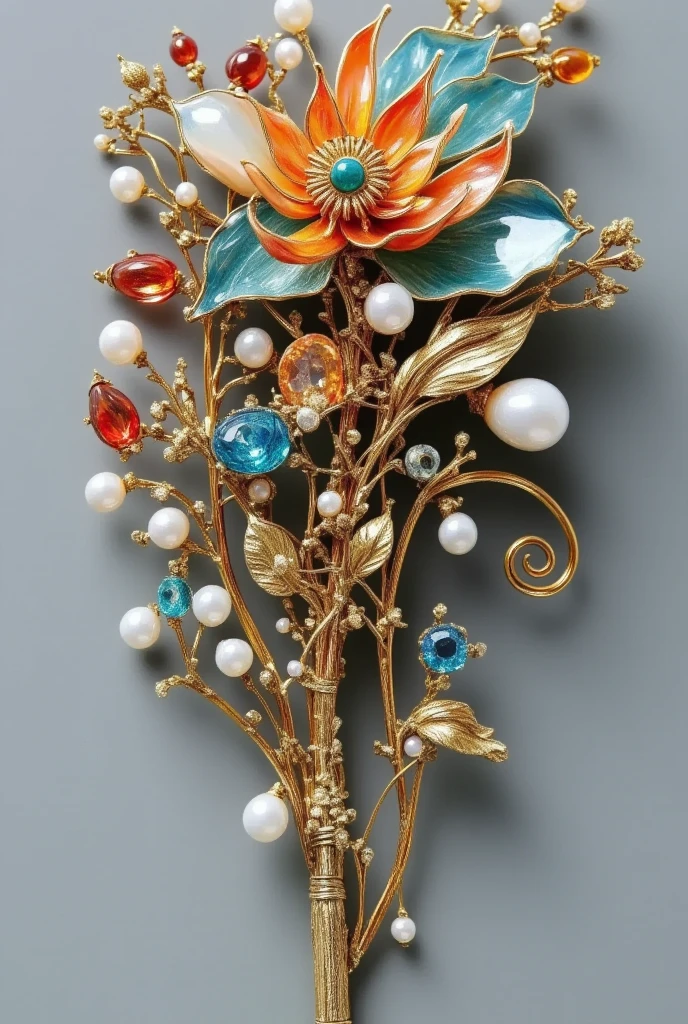  Close-up of a brooch with flowers and pearls, 巴洛克艺术珠宝, Fine Jewelry,  adorned with precious gemstones , Exquisite Decorative Jewelry , Gorgeous jewelry,  Stunning Details , Gemstones, Floral Ornaments,  Jewelry Decoration ,  Extravagant and ornate gold jewellery , Set 1 8 6 0, Topaz and other jewels ,  colorful ornaments , 与Gorgeous jewelry