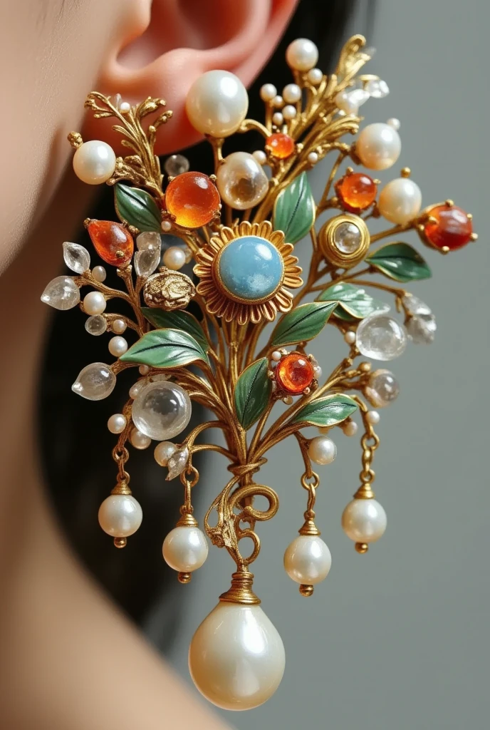 Close-up shot of a brooch with flowers and pearls  ,   This is an ultra-detailed painting by Miroslava Sveridova,  is popular in the CG community, Cloisonnism, 巴洛克艺术珠宝, Fine Jewelry,  adorned with precious gemstones , Exquisite Decorative Jewelry , Gorgeous jewelry,  Stunning Details , Gemstones, Floral Ornaments,  Jewelry Decoration ,  Extravagant and ornate gold jewellery 